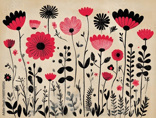 Vibrant Red and Black Floral Garden Botanical Illustration