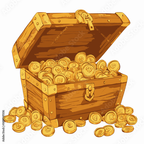 A classic wooden treasure chest overflowing with shiny gold coins, representing wealth, fortune, and successful discovery on a white background