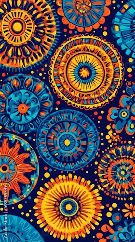 Vibrant Mandala Pattern Blue Orange Yellow Floral Design