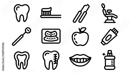 Dental care icons set teeth toothbrush dentist tools apple mouth and more