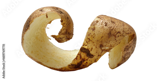 Close-up of a unique, curved potato, with a light-tan interior and dark-brown exterior.  Its shape is unusual, twisting into a double-loop
