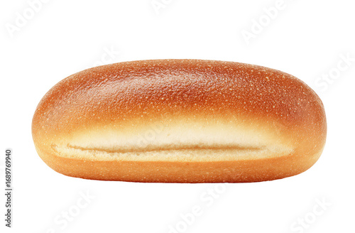 Isolated, light-brown, oblong bread roll, slightly tapered ends, golden-brown crust,  smooth top surface,  visible  slit