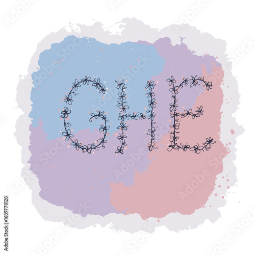 Artistic vector illustration of a floral font with letters G, H, and E on a gentle pastel watercolor splotch with torn paper edges