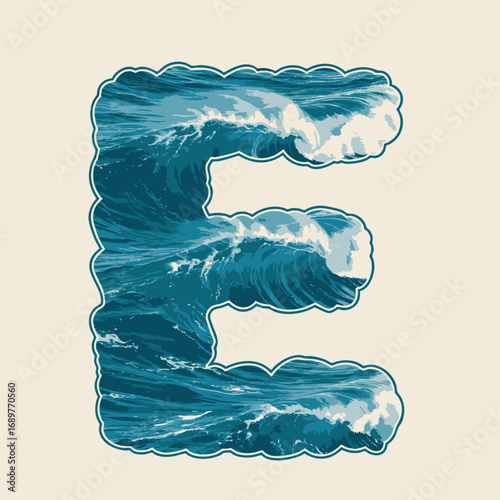 Ocean Waves Letter E Design Blue Water Typography