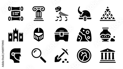 Collection of glyph icons representing history archaeology and ancient civilizations