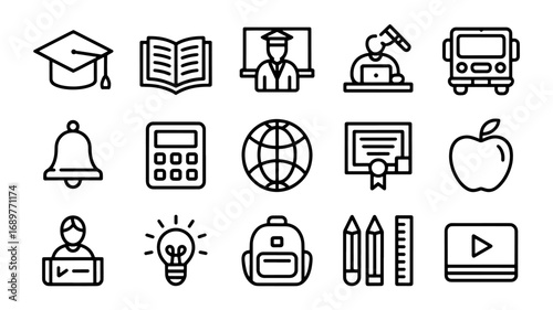 Back to school A set of 16 hand-drawn vector icons of education