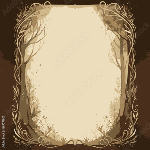 Elegant vintage-inspired frame illustration featuring intricate tree branches, delicate organic swirls, and a rustic earthy palette, ideal for enchanting invitations or decorative design projects
