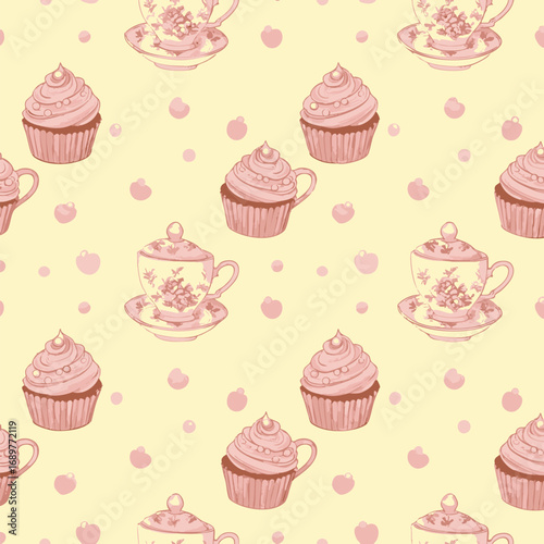 Delightful Watercolor Cupcakes and Teacups A Charming Seamless Pattern for Vintage Designs