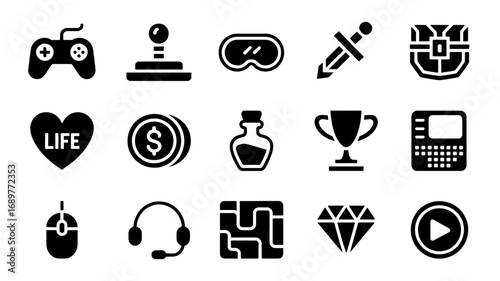 Collection of 16 Gaming Icons Controller Joystick VR Headset Sword Chest Life Coin Potion Trophy Calculator Mouse Headset Circuit Board Diamond Play Button