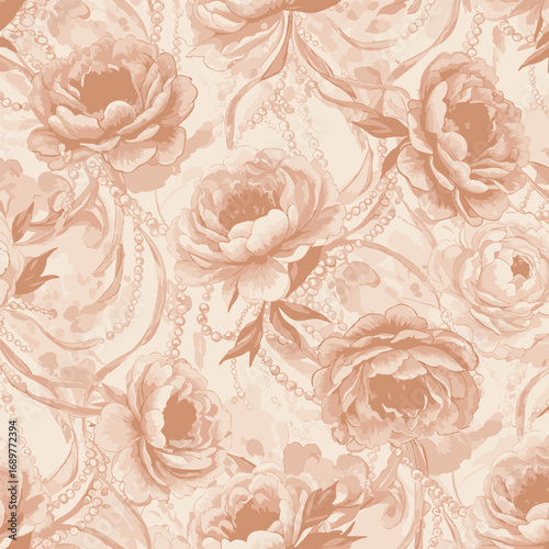 Ethereal Rose Pattern A Seamless Vintage Floral Design with Delicate Pearls and Swirls