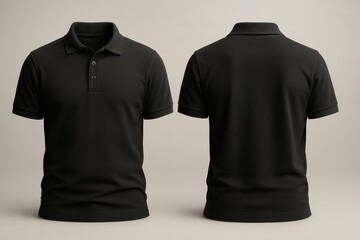 High end black polo shirt mockup with lifelike fabric drape showing pristine front and back views on clean studio background ideal for branding presentations and ecommerce visuals