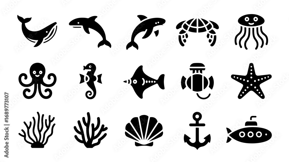 Fototapeta premium Collection of cute sea animals and marine objects icons
