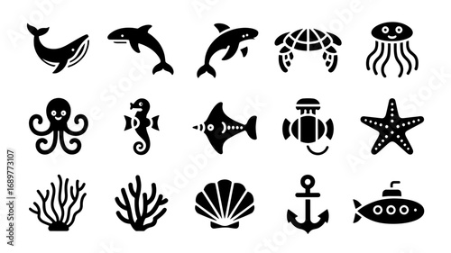 Collection of cute sea animals and marine objects icons