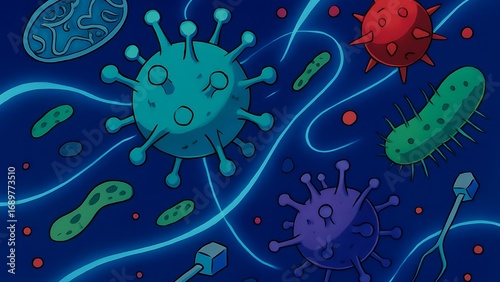 A surreal blend of viruses and bacteria swirling in abstract patterns with glowing trails and sci-fi bio-structures under deep blue lighting
