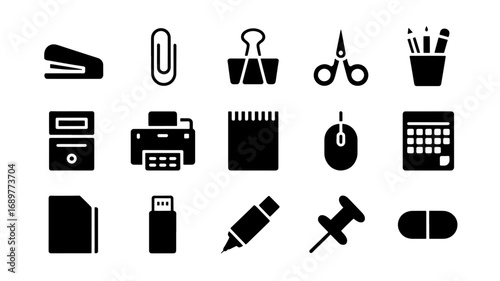 Collection of black and white office supply icons including stapler paperclip binder clip scissors pencils computer printer notepad mouse calculator and more
