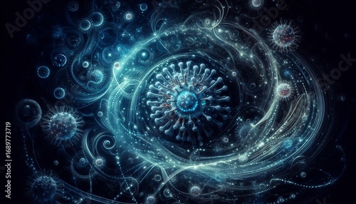 A surreal blend of viruses and bacteria swirling in abstract patterns with glowing trails and sci-fi bio-structures under deep blue lighting
