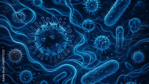 A surreal blend of viruses and bacteria swirling in abstract patterns with glowing trails and sci-fi bio-structures under deep blue lighting
