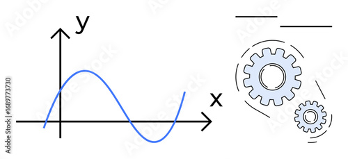 Blue sinusoidal curve on XY graph paired with interlocking gears, symbolizing data analysis, process optimization, technology integration, and problem-solving. Ideal for science, engineering