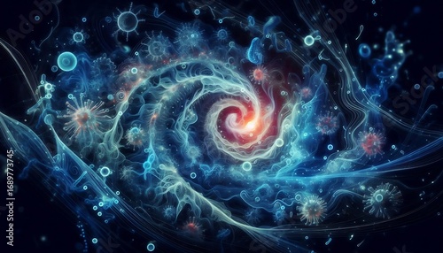 A surreal blend of viruses and bacteria swirling in abstract patterns with glowing trails and sci-fi bio-structures under deep blue lighting
