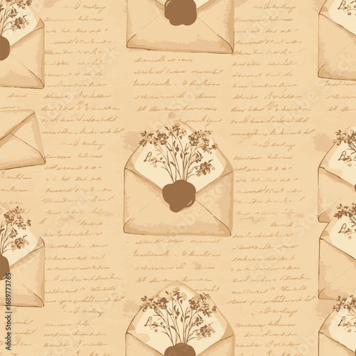 Vintage sepia-toned seamless pattern of an open envelope with delicate floral bouquet and wax seal, set against a background of handwritten script