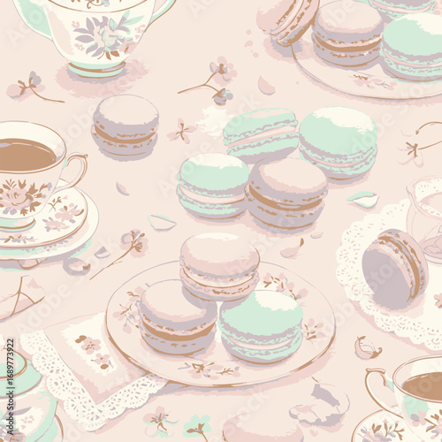 Delicate pastel macarons and elegant teacups adorn a charming surface, creating a sweet and serene scene perfect for a luxurious afternoon tea