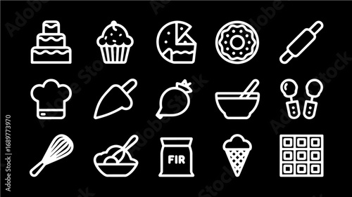 White Line Icons of Baking Cooking and Confectionery Items