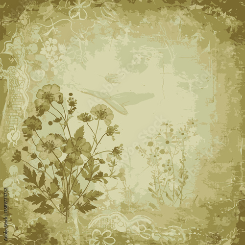 Vintage botanical illustration with floral elements and textured background evoking a sense of nostalgia and natural beauty