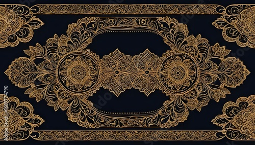 Intricate Golden Floral Pattern on Dark Blue Background, Elegant Design.