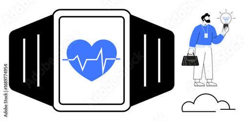 Fitness smartwatch showing heart rate, held by a professional with a light bulb, symbolizing innovation, health, and productivity. Ideal for health, technology, fitness, innovation wellness