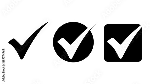 Check marks check boxes and check symbols in three different shapes for approval confirmation and completion