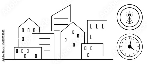 Geometric city skyline with tall buildings, surveillance icon, and a classic clock face. Ideal for cityscape themes, urbanization, architecture, security, technology, time and planning as a simple