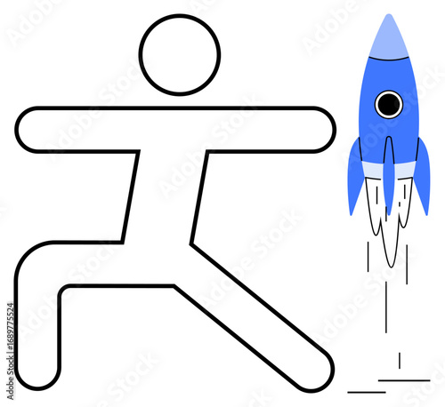 Stick figure in a dynamic pose next to a blue rocket launching. Ideal for growth, motivation, action, entrepreneurship, innovation, achievement, creativity. Simple flat metaphor