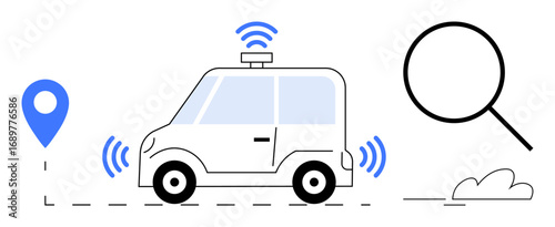 Self-driving car emitting radar signals, GPS pin, and magnifier icon. Ideal for navigation, technology, self-driving, transportation, innovation map search data exploration. Simple flat metaphor