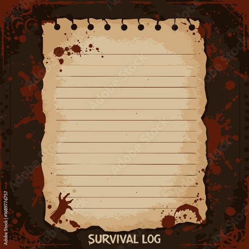 Vintage, grunge-style blank log sheet with ominous blood splatters and decaying hand, ideal for a suspenseful story, a dark, forgotten record, or horror design