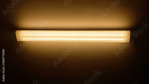 Warm amber glow from a horizontal fluorescent tube light fixture illuminating a dark, minimalist wall in a stark interior space