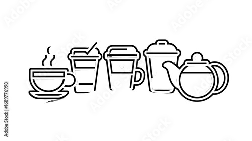Assortment of beverages: a line art image of a cup of tea, a take-out cup of coffee with a straw, a takeaway cup, a pitcher, and a teapot.