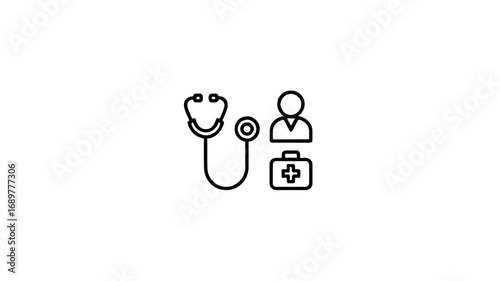 Healthcare Icon: A stethoscope, a person, and a medical kit are illustrated, representing healthcare services.
