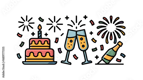 Festive birthday celebration with cake, champagne glasses and fireworks.