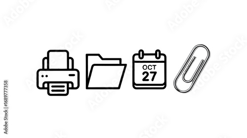 Office stationery set of printer, folder, calendar and paperclip.