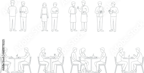 inimal line art illustration of people characters in daily activities, including sitting, reading, sleeping, working, drawing, relaxing, using gadgets, and casual lifestyle scenes