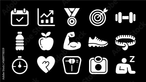 Fitness, Health Wellness Icons Goals, Progress Results