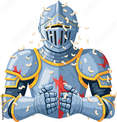 A medieval knight in full armor, heavily infested with maggots, stands with arms crossed, showing signs of damage and decay.