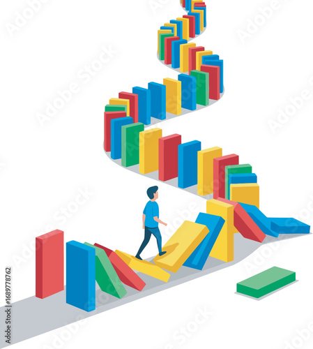 A man walks on falling dominoes, which are arranged in a winding path, symbolizing risk and consequence.
