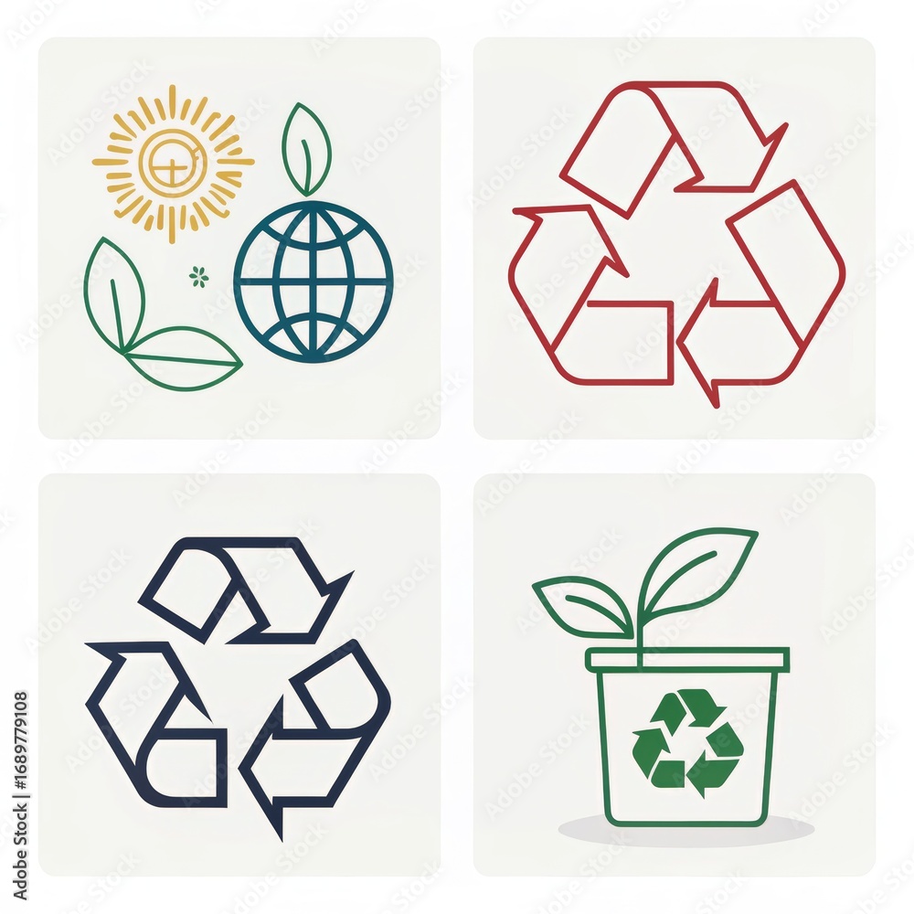 Obraz premium Four recycling symbols with leaf and globe isolated on white background
