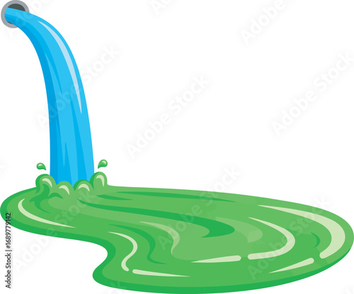 A stylized illustration of a blue liquid flowing from a pipe into a green pool of liquid.