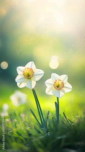 Two White Daffodils in Sunny Meadow Spring Flowers