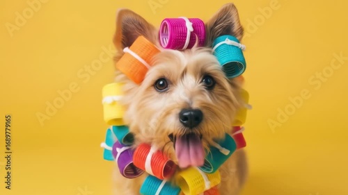 Adorable Doggy Spa Day: Colorful Hair Rollers & Yellow Background