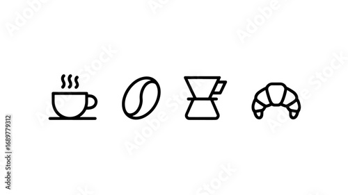 Coffee, Coffee Bean, Pour Over Coffee Maker, Croissant Icons - Minimal Line Art