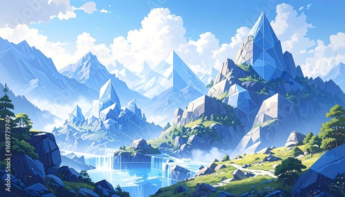 A stylized, idyllic mountain landscape
