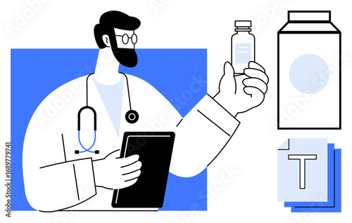 Doctor holding medicine bottle while reviewing information on tablet, stethoscope around neck. Ideal for healthcare, vaccination, research, medical tech, diagnostics, public health, simple landing